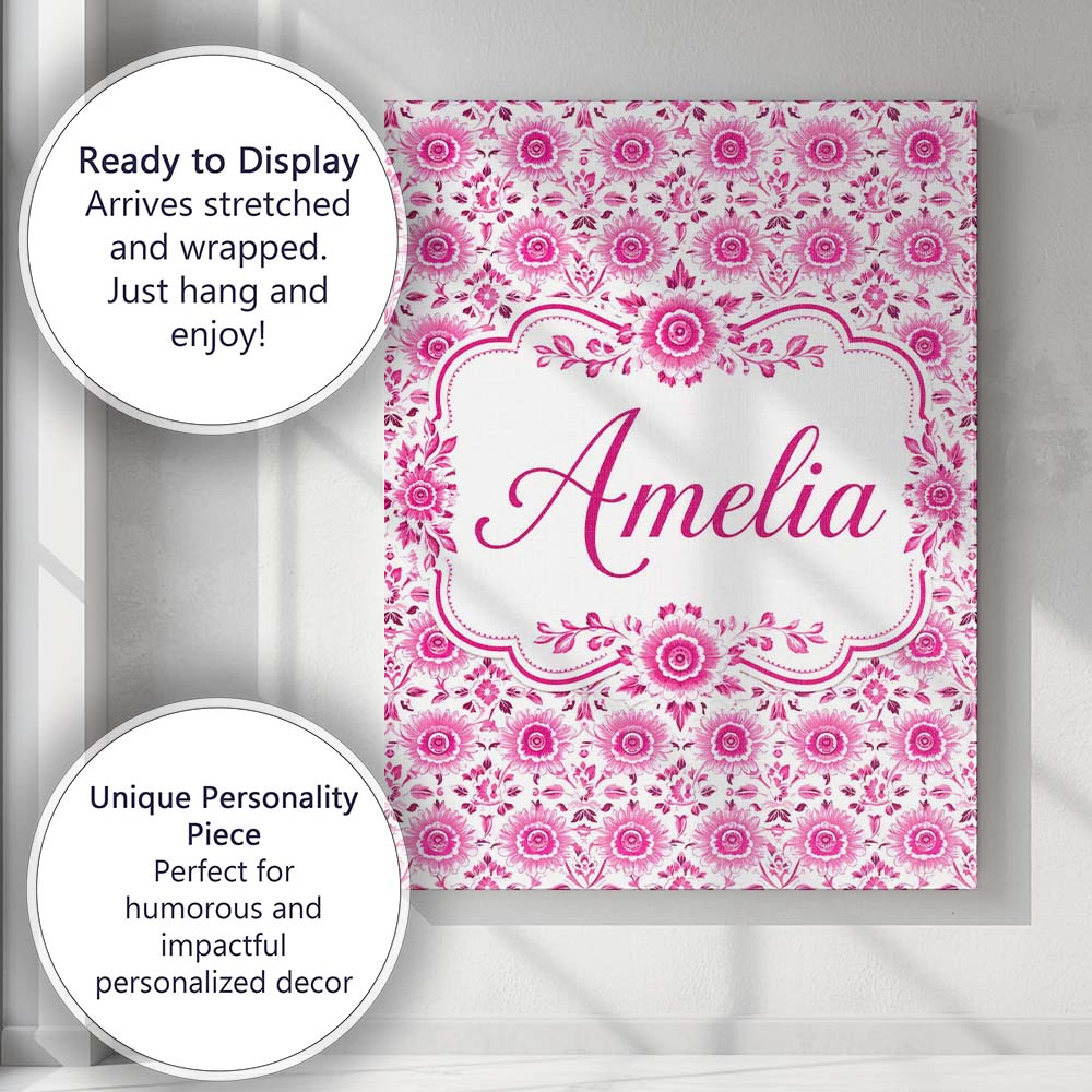 Personalised Name Bright Pink Floral Folk Custom  Unique Gift Idea Elegant Feature Canvas Wall Art Print Decor Picture Ready to Hang
