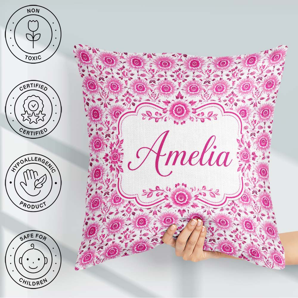 Custom Name Bright Pink Floral Folk Art with Decorative Blossoms Square Filled Cushion Throw Pillow Sofa Bed Home Decor Zip Washable UK Made