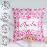 Custom Name Bright Pink Floral Folk Art with Decorative Blossoms Square Filled Cushion Throw Pillow Sofa Bed Home Decor Zip Washable UK Made