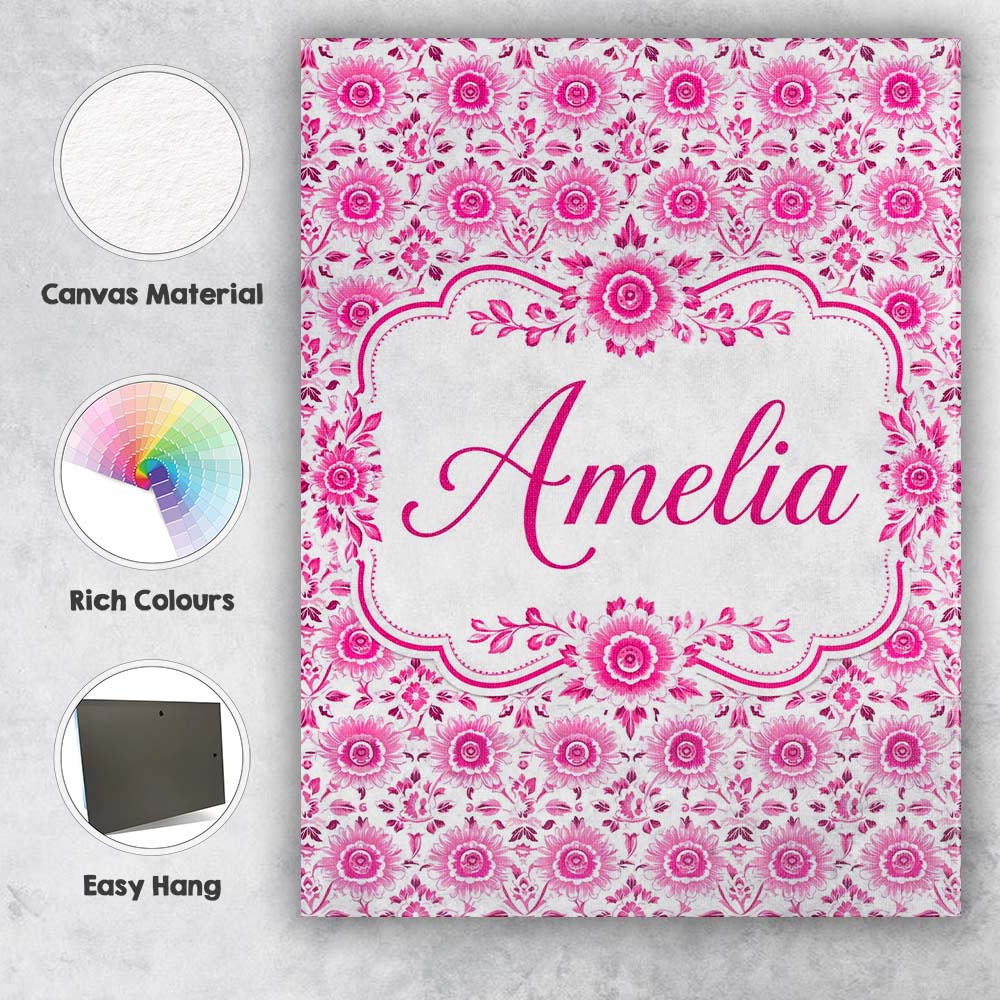 Personalised Name Bright Pink Floral Folk Custom  Unique Gift Idea Elegant Feature Canvas Wall Art Print Decor Picture Ready to Hang