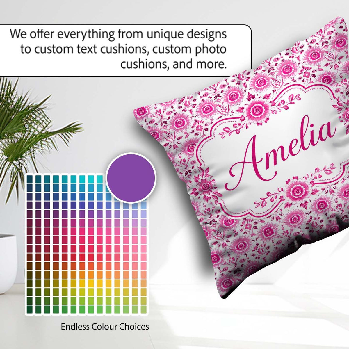 Custom Name Bright Pink Floral Folk Art with Decorative Blossoms Square Filled Cushion Throw Pillow Sofa Bed Home Decor Zip Washable UK Made