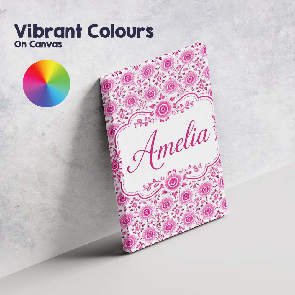 Personalised Name Bright Pink Floral Folk Custom  Unique Gift Idea Elegant Feature Canvas Wall Art Print Decor Picture Ready to Hang