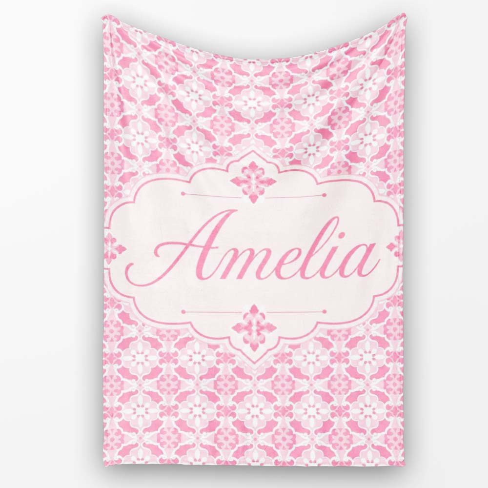 Geometric Floral Tile in Soft Pink and White Symmetrical Design  Personalised Custom Name Super Soft Fleece Blanket Bed Sofa Throw