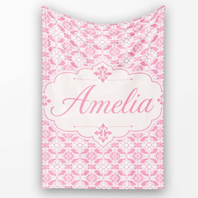 Geometric Floral Tile in Soft Pink and White Symmetrical Design  Personalised Custom Name Super Soft Fleece Blanket Bed Sofa Throw