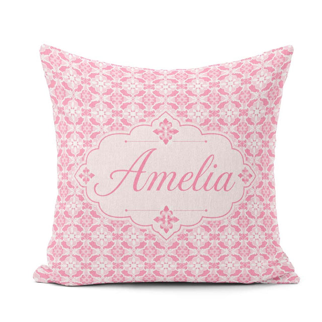 Custom Name Geometric Floral Tile in Soft Pink and White Design Square Filled Cushion Throw Pillow Sofa Bed Home Decor Zip Washable UK Made