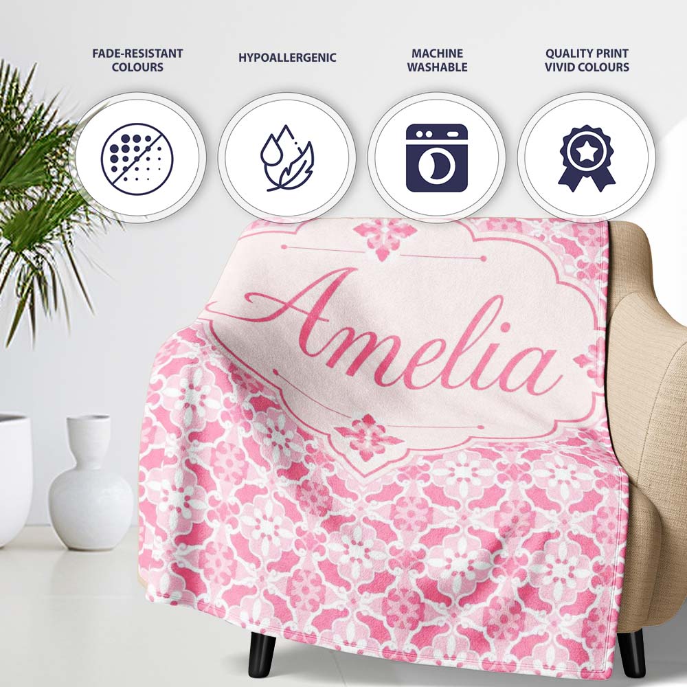 Geometric Floral Tile in Soft Pink and White Symmetrical Design  Personalised Custom Name Super Soft Fleece Blanket Bed Sofa Throw
