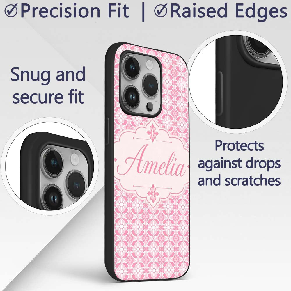 Geometric Floral Tile in Soft Pink and White Custom Name Protective Phone Case Mobile Cover Durable Everyday Smartphone Shock Resistant
