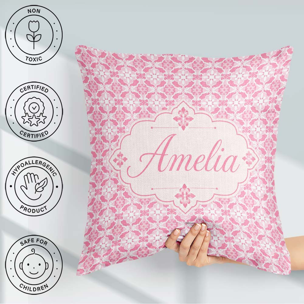 Custom Name Geometric Floral Tile in Soft Pink and White Design Square Filled Cushion Throw Pillow Sofa Bed Home Decor Zip Washable UK Made