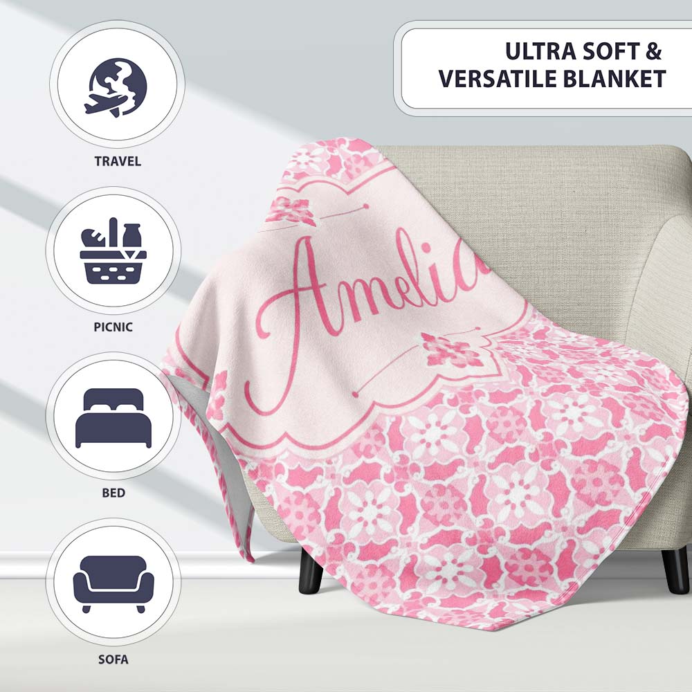 Geometric Floral Tile in Soft Pink and White Symmetrical Design  Personalised Custom Name Super Soft Fleece Blanket Bed Sofa Throw