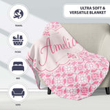 Geometric Floral Tile in Soft Pink and White Symmetrical Design  Personalised Custom Name Super Soft Fleece Blanket Bed Sofa Throw