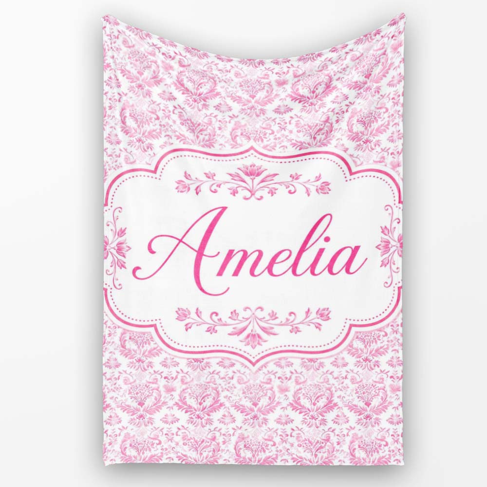 Elegant Pink Damask Floral Pattern with Ornate Vintage Motifs Lovely  Personalised Custom Name Super Soft Fleece Blanket Bed Sofa Throw