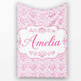 Elegant Pink Damask Floral Pattern with Ornate Vintage Motifs Lovely  Personalised Custom Name Super Soft Fleece Blanket Bed Sofa Throw