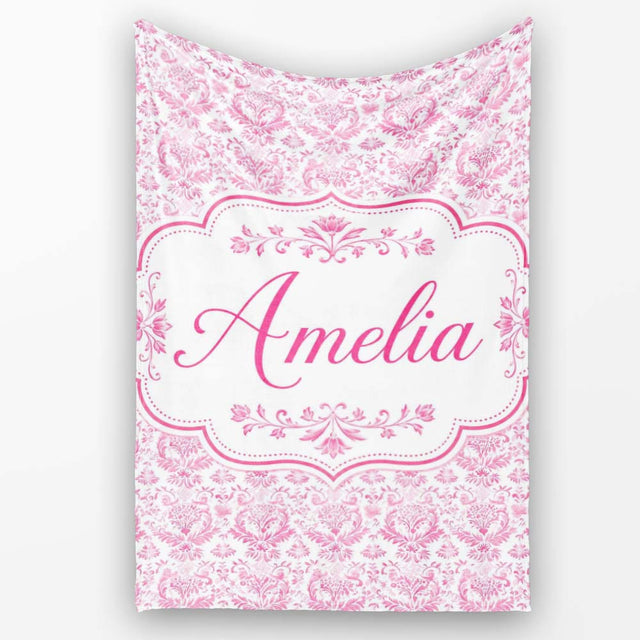 Elegant Pink Damask Floral Pattern with Ornate Vintage Motifs Lovely  Personalised Custom Name Super Soft Fleece Blanket Bed Sofa Throw