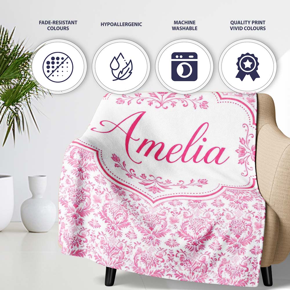 Elegant Pink Damask Floral Pattern with Ornate Vintage Motifs Lovely  Personalised Custom Name Super Soft Fleece Blanket Bed Sofa Throw