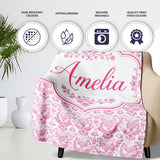 Elegant Pink Damask Floral Pattern with Ornate Vintage Motifs Lovely  Personalised Custom Name Super Soft Fleece Blanket Bed Sofa Throw