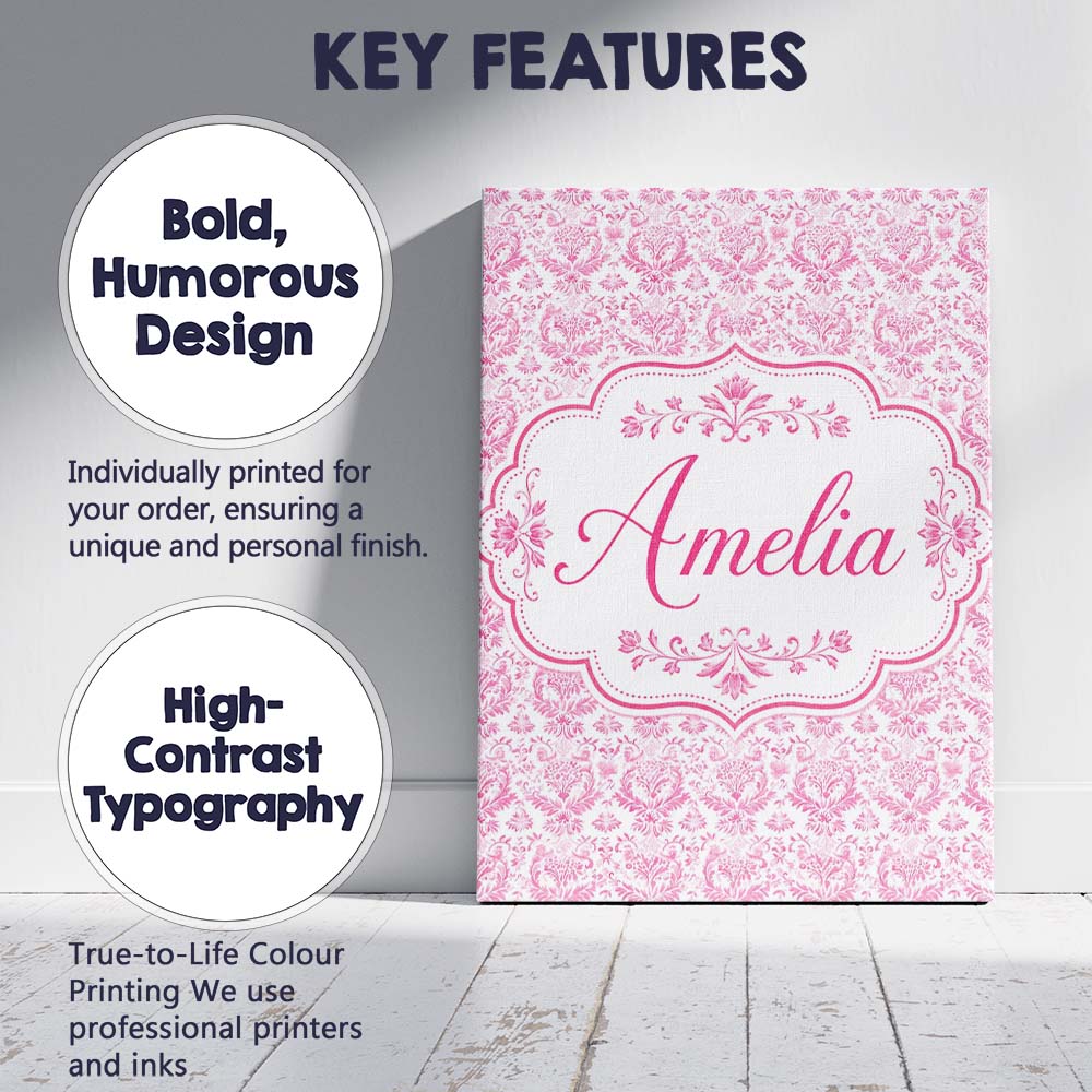 Personalised Name Elegant Pink Damask Custom Modern Room Accent Creative Decorator Style Canvas Wall Art Print Decor Picture Ready to Hang