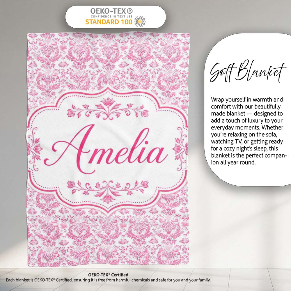Elegant Pink Damask Floral Pattern with Ornate Vintage Motifs Lovely  Personalised Custom Name Super Soft Fleece Blanket Bed Sofa Throw