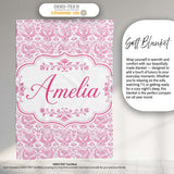 Elegant Pink Damask Floral Pattern with Ornate Vintage Motifs Lovely  Personalised Custom Name Super Soft Fleece Blanket Bed Sofa Throw