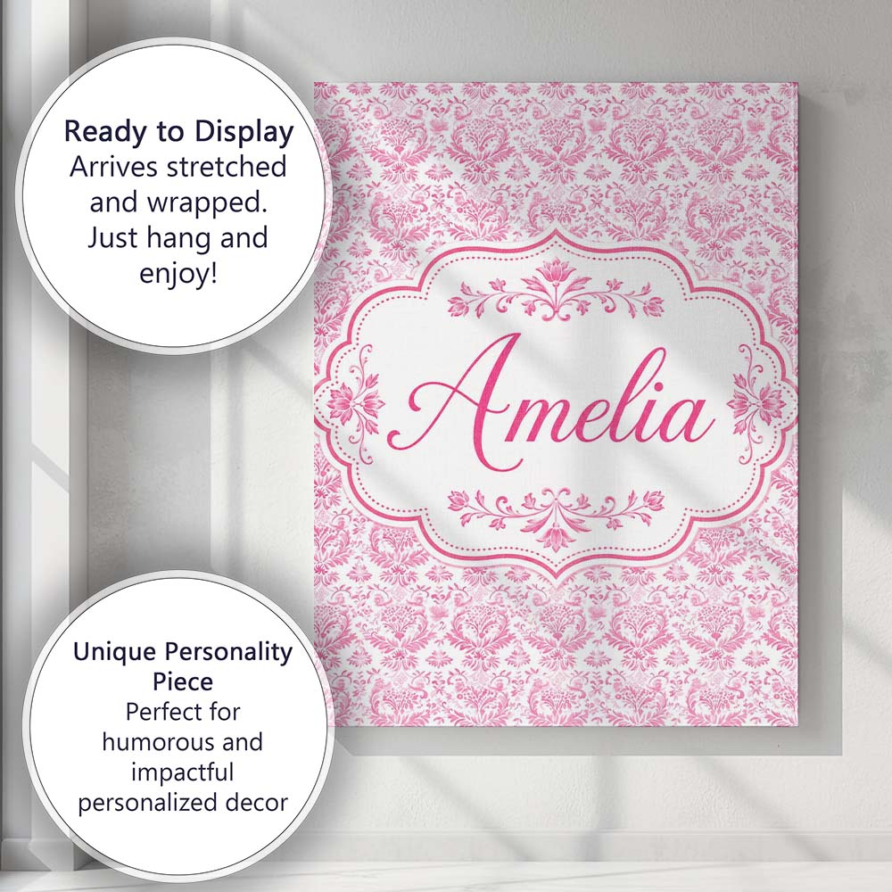 Personalised Name Elegant Pink Damask Custom Modern Room Accent Creative Decorator Style Canvas Wall Art Print Decor Picture Ready to Hang