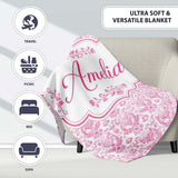 Elegant Pink Damask Floral Pattern with Ornate Vintage Motifs Lovely  Personalised Custom Name Super Soft Fleece Blanket Bed Sofa Throw