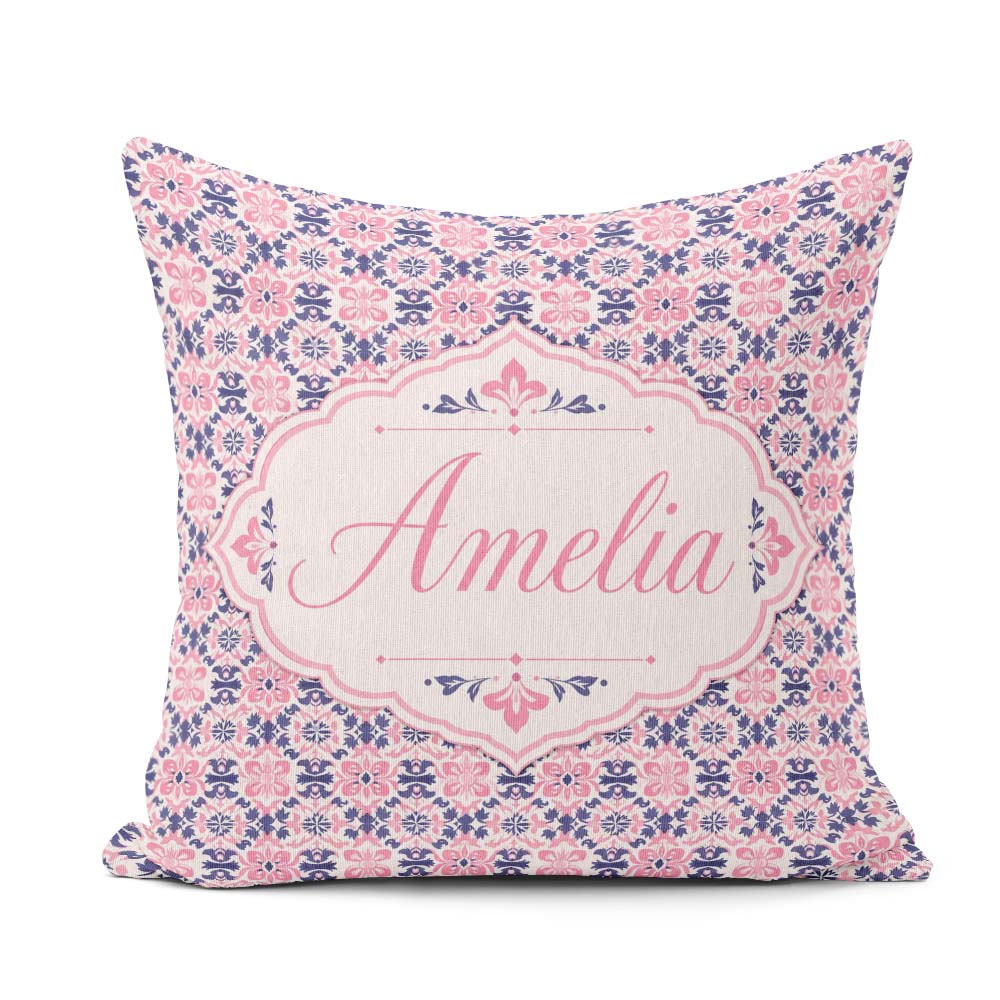 Custom Name Floral Geometric in Pink and Navy Symmetrical Design Square Filled Cushion Throw Pillow Sofa Bed Home Decor Zip Washable UK Made