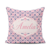 Custom Name Floral Geometric in Pink and Navy Symmetrical Design Square Filled Cushion Throw Pillow Sofa Bed Home Decor Zip Washable UK Made