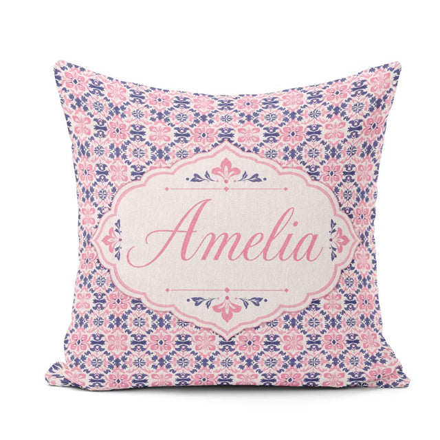 Custom Name Floral Geometric in Pink and Navy Symmetrical Design Square Filled Cushion Throw Pillow Sofa Bed Home Decor Zip Washable UK Made