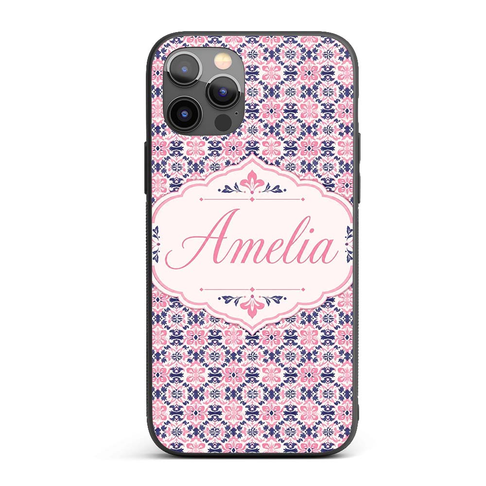 Floral Geometric in Pink and Navy Symmetrical Custom Name Protective Phone Case Mobile Cover Durable Everyday Smartphone Shock Resistant