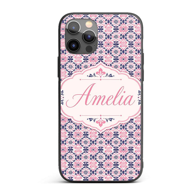 Floral Geometric in Pink and Navy Symmetrical Custom Name Protective Phone Case Mobile Cover Durable Everyday Smartphone Shock Resistant