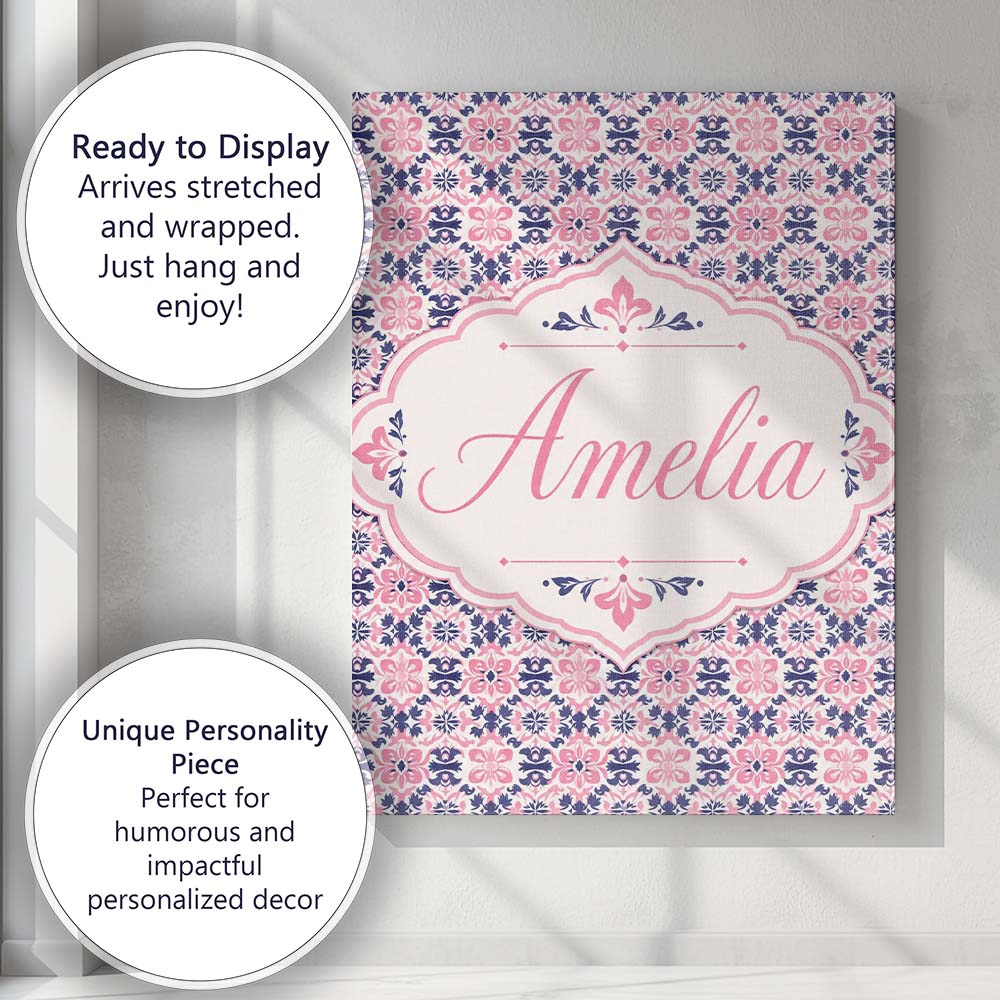 Personalised Name Floral Geometric in Pink Custom  Unique Gift Idea Elegant Feature Canvas Wall Art Print Decor Picture Ready to Hang