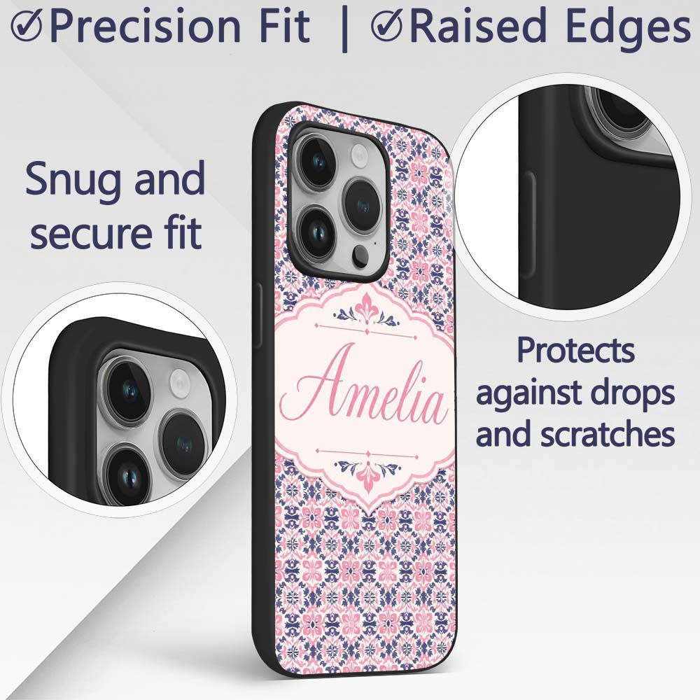 Floral Geometric in Pink and Navy Symmetrical Custom Name Protective Phone Case Mobile Cover Durable Everyday Smartphone Shock Resistant