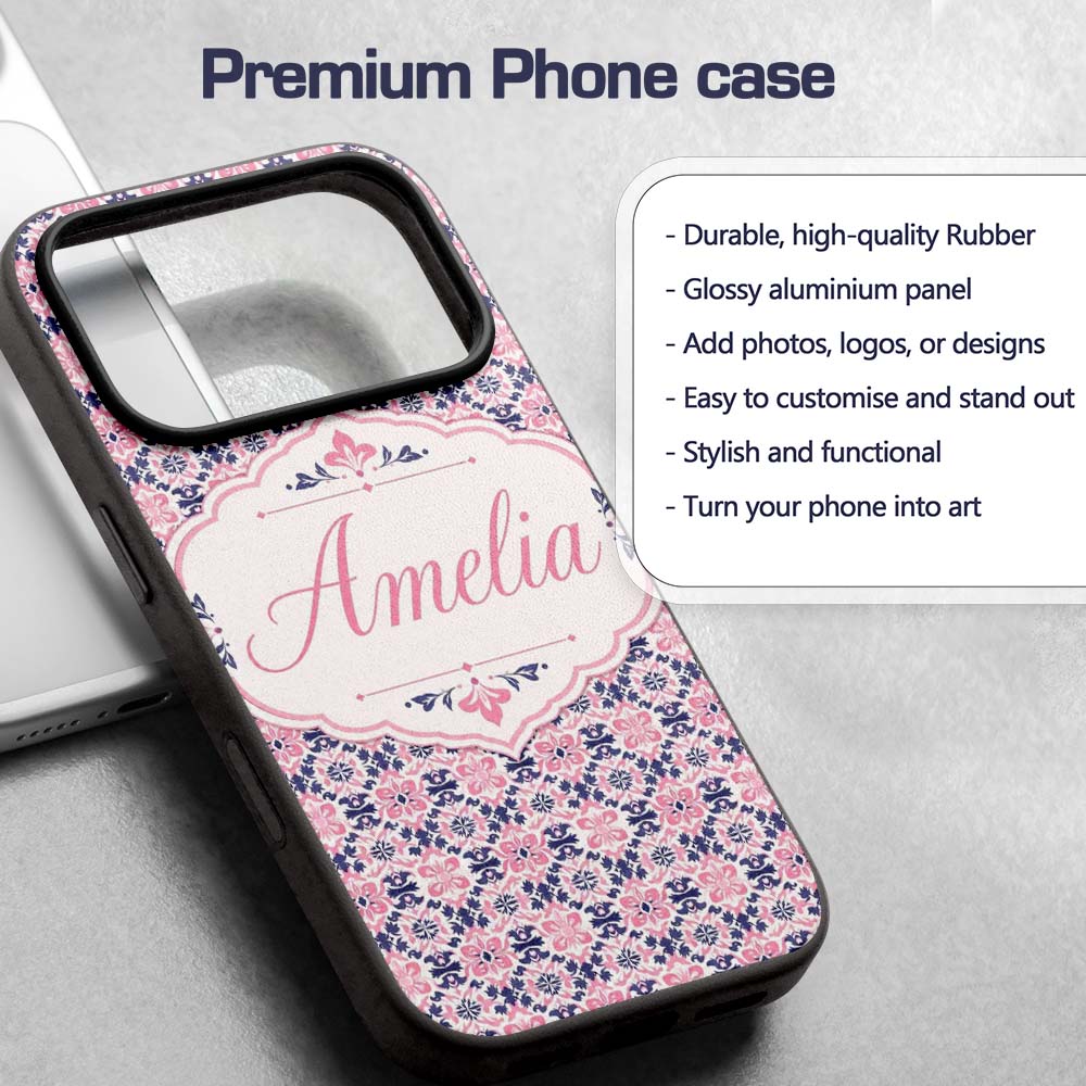Floral Geometric in Pink and Navy Symmetrical Custom Name Protective Phone Case Mobile Cover Durable Everyday Smartphone Shock Resistant