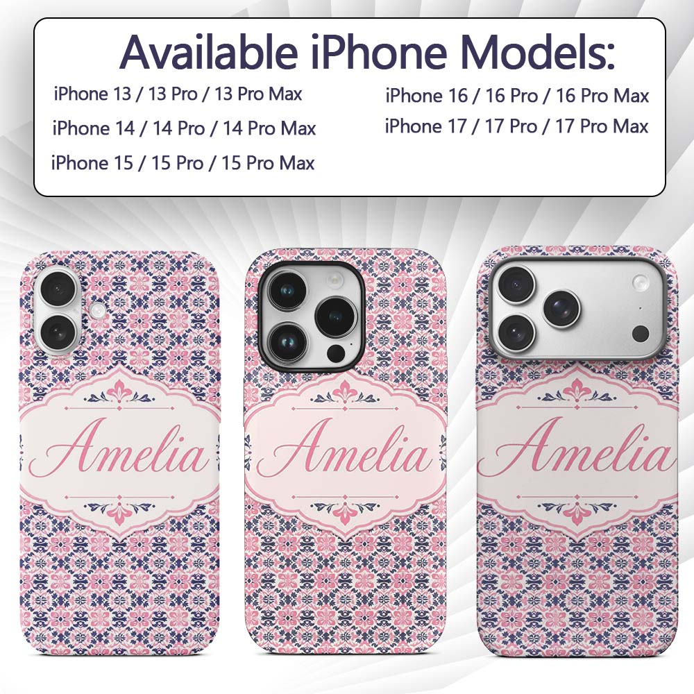 Floral Geometric in Pink and Navy Symmetrical Custom Name Protective Phone Case Mobile Cover Durable Everyday Smartphone Shock Resistant