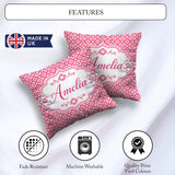 Custom Name Bold Pink Geometric Tile Pattern with Floral Motifs Square Filled Cushion Throw Pillow Sofa Bed Home Decor Zip Washable UK Made