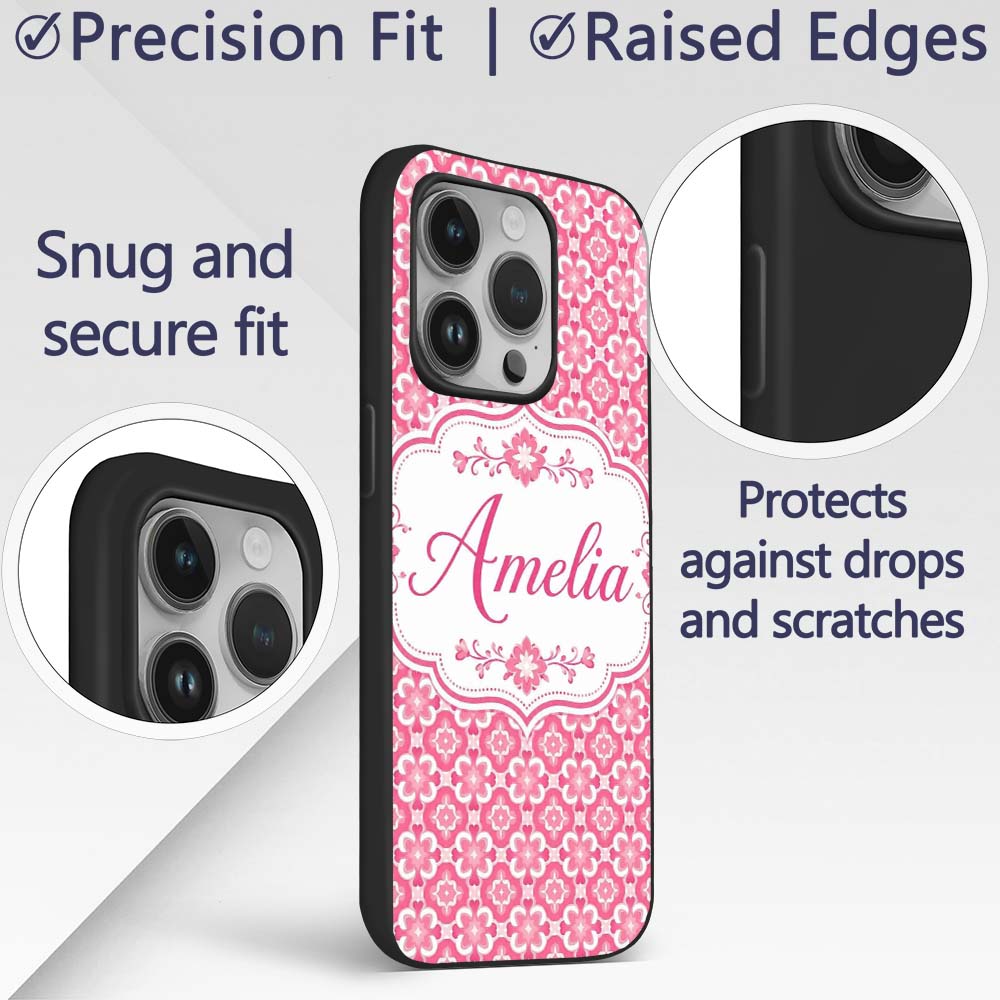 Bold Pink Geometric Tile Pattern with Floral Custom Name Protective Phone Case Mobile Cover Durable Everyday Smartphone Shock Resistant