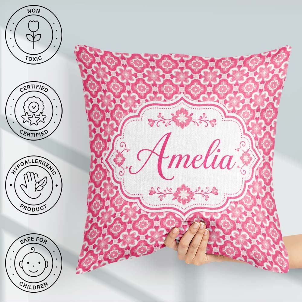 Custom Name Bold Pink Geometric Tile Pattern with Floral Motifs Square Filled Cushion Throw Pillow Sofa Bed Home Decor Zip Washable UK Made