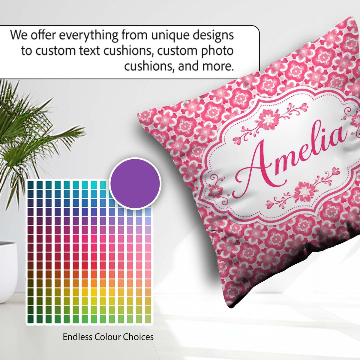 Custom Name Bold Pink Geometric Tile Pattern with Floral Motifs Square Filled Cushion Throw Pillow Sofa Bed Home Decor Zip Washable UK Made