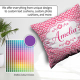 Custom Name Bold Pink Geometric Tile Pattern with Floral Motifs Square Filled Cushion Throw Pillow Sofa Bed Home Decor Zip Washable UK Made