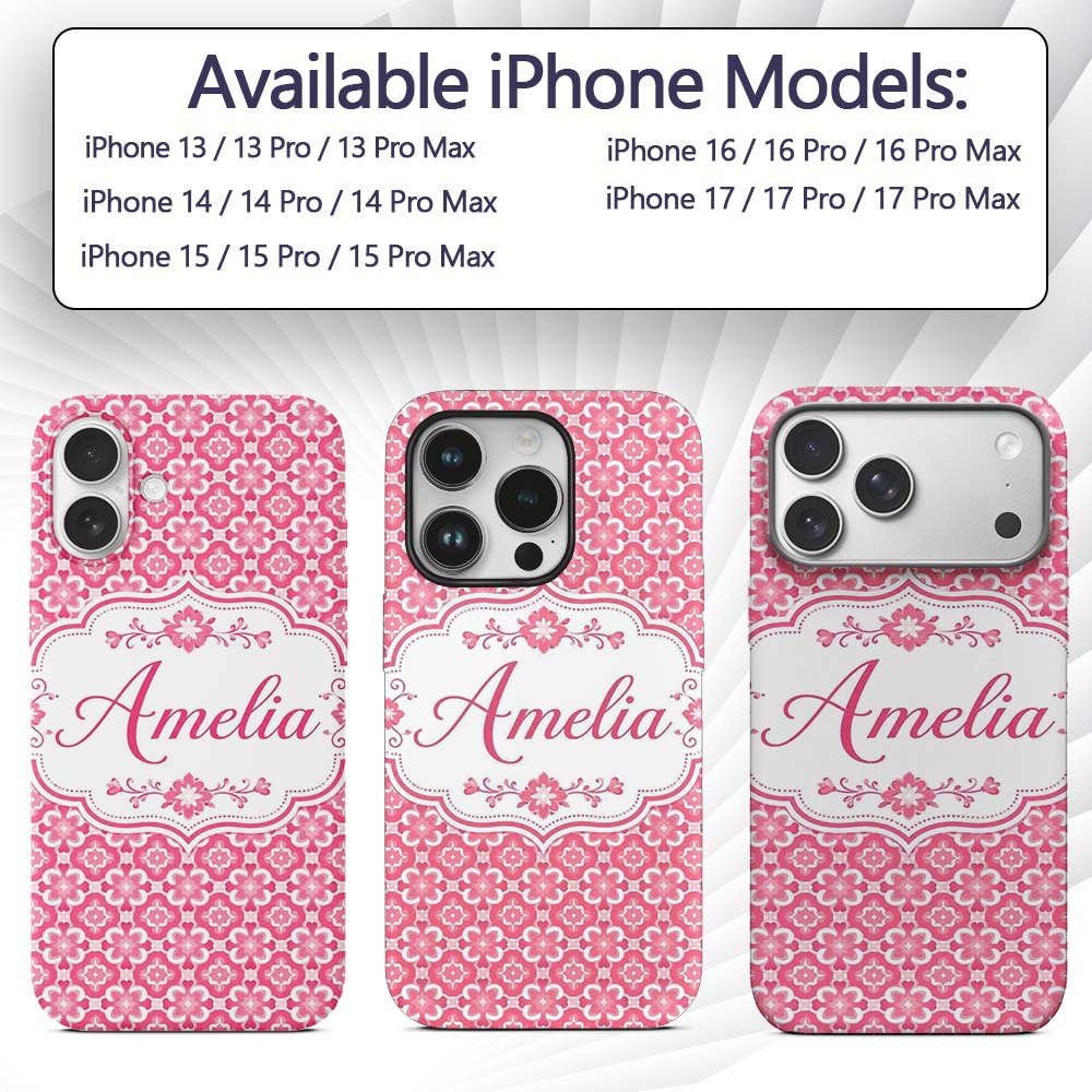 Bold Pink Geometric Tile Pattern with Floral Custom Name Protective Phone Case Mobile Cover Durable Everyday Smartphone Shock Resistant