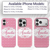 Bold Pink Geometric Tile Pattern with Floral Custom Name Protective Phone Case Mobile Cover Durable Everyday Smartphone Shock Resistant