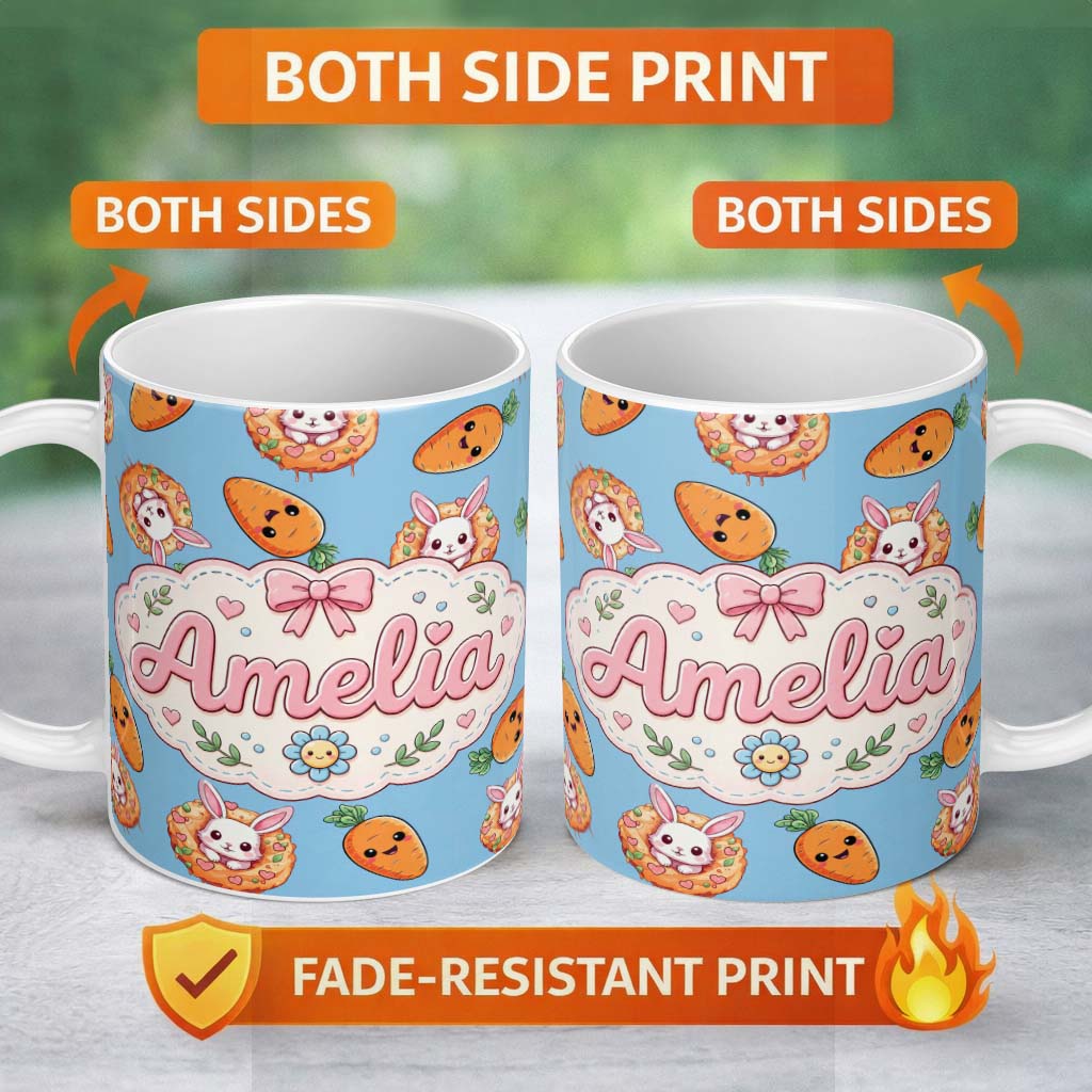 Personalized Custom Name Cute Easter Bunny Carrot Donut Hearts Seamless Pattern Sky Blue 11oz Ceramic Coffee Tea Mug White Large Handle