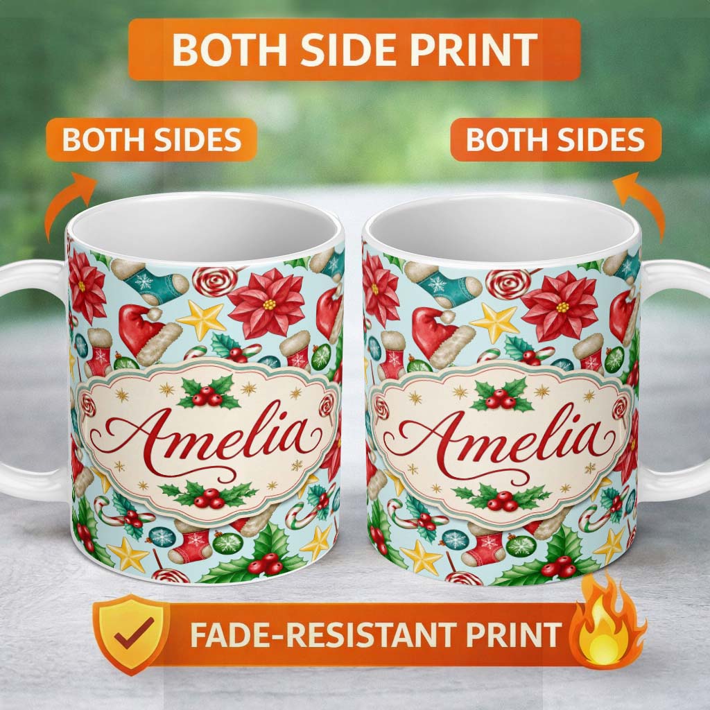 Personalized Custom Name Bright Christmas Poinsettia Candy Cane Holly Festive Seamless Lovely 11oz Ceramic Coffee Tea Mug White Large Handle