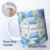 Personalized Custom Name Vibrant Blue Hydrangea Cluster Seamless Pattern Perfect Gift for Her 11oz Ceramic Coffee Tea Mug White Large Handle