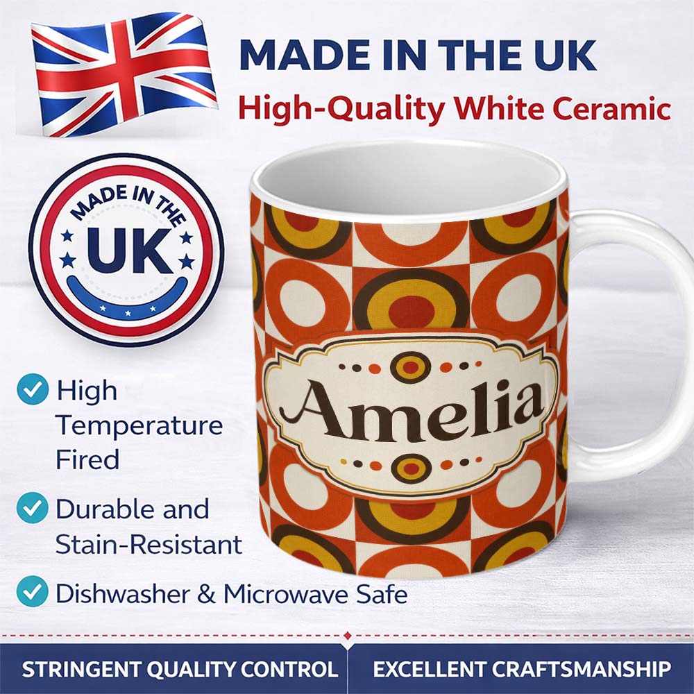 Personalized Custom Name Bold Orange Yellow Circle Check Seamless Pattern Cute Unique Gift 11oz Ceramic Coffee Tea Mug White Large Handle