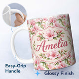 Personalized Custom Name Delicate Pink Lily Flowers on White Background Seamless Pattern 11oz Ceramic Coffee Tea Mug White Large Handle