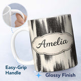 Personalized Custom Name Wavy Woodgrain Lines Black Cream Organic Texture Pattern Lovely 11oz Ceramic Coffee Tea Mug White Large Handle