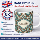 Personalized Custom Name Vintage Teal Brown Geometric Arch Repeat Seamless Pattern Lovely 11oz Ceramic Coffee Tea Mug White Large Handle