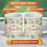 Personalized Custom Name Woodland Deer Bear Fox Owl Raccoon Leaves Mushrooms Sage Green 11oz Ceramic Coffee Tea Mug White Large Handle