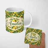 Personalized Custom Name Realistic Lemon Tree Branch Pattern with Ripe Fruit and Foliage 11oz Ceramic Coffee Tea Mug White Large Handle