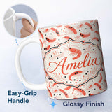 Personalized Custom Name Minimal Coral Shrimp with Abstract Dots Seamless Pattern Lovely 11oz Ceramic Coffee Tea Mug White Large Handle